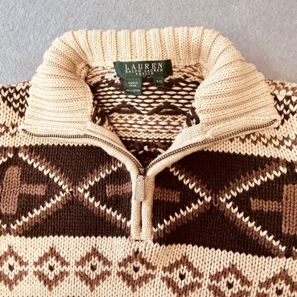 Ralph Lauren Petite Fair Isle Print Half Zip Sweater Size S Beige Brown Cotton - Picture 8 of 11